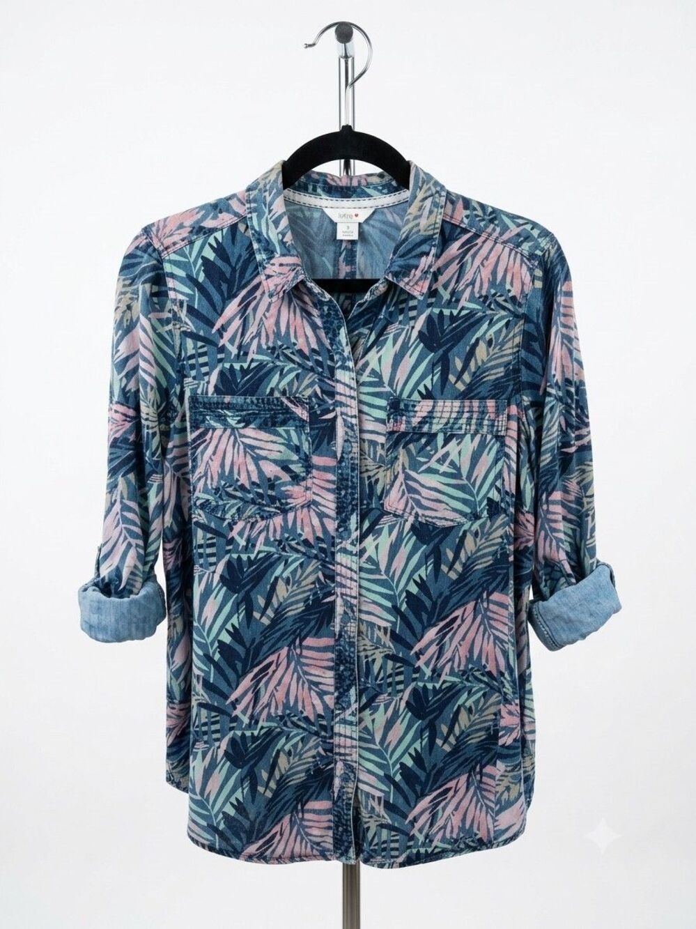 Intro S Blue Pink Tropical Palm Lyocell Denim Button Up Roll Tab Shirt Women